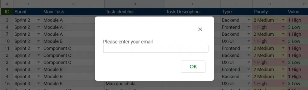 Menu SCRUM du modèle avec l’option pour changer l’e-mail de l’utilisateur